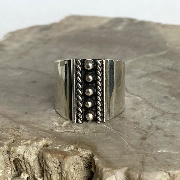 Sterling Silver 925 ATI Mexico Bead Ball Wide Band Ring Tapered Shank Sz 5.5 - Picture 2 of 16